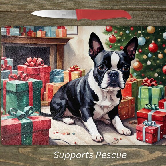 Christmas Boston Terrier Dog Kitchen Tempered Glass Cutting Board or Trivet - Picture 1 of 1